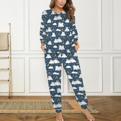 Women's Cartoon Cat Leg Binding Pocket Long Pajama Sets Custom Individualized Women's Leg Binding Pocket Long Pajama Sets