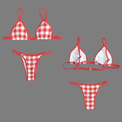 Women's Plaid V Neck Triangle Bikini Top & Low Rise String Thong Set Custom Personalized V Neck Triangle Bikini Top & Low Rise String Thong Set