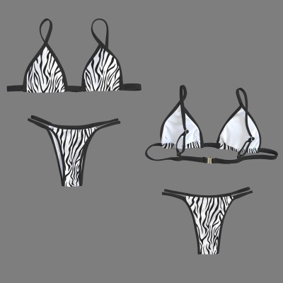 Women's Zebra Print V Neck Triangle Bikini Top & Low Rise String Thong Set Custom Personalized V Neck Triangle Bikini Top & Low Rise String Thong Set