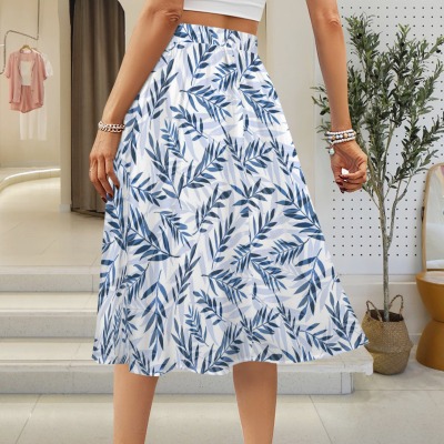 Women's Leaves Print Elastic Waist Pocket Maxi Skirt Custom Personalized Women's Elastic Waist Pocket Maxi Skirt