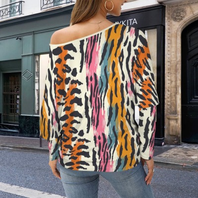 Women's Leopard Print Casual Long Batwing Sleeve Off Shoulder Sweater Custom Personalized Women's Casual Long Batwing Sleeve Off Shoulder Sweater
