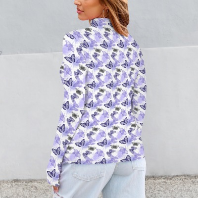 Women's Butterfly Print Turtleneck Slim Long Sleeve T-Shirt Custom Personalized Women's Turtleneck Slim Long Sleeve T-Shirt