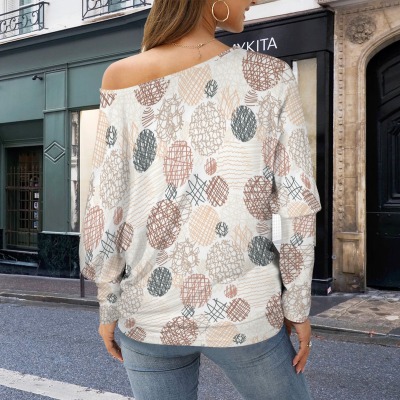 Women's Geometric Ball Casual Long Batwing Sleeve Off Shoulder Sweater Custom Personalized Women's Casual Long Batwing Sleeve Off Shoulder Sweater