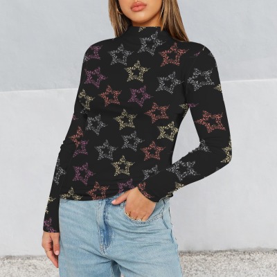Women's Star Print Turtleneck Slim Long Sleeve T-Shirt Custom Personalized Women's Turtleneck Slim Long Sleeve T-Shirt
