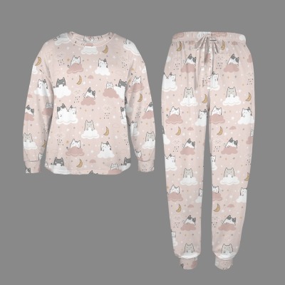 Women's Cartoon Cat Leg Binding Pocket Long Pajama Sets Custom Individualized Women's Leg Binding Pocket Long Pajama Sets