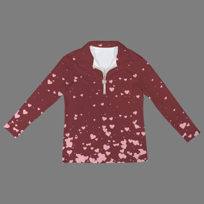 Women's Heart Print Lapel Half Zip Long Sleeve T-Shirt Custom Personalized Women's Lapel Half Zip Long Sleeve T-Shirt