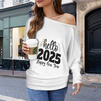 Women's New Year Theme Casual Long Batwing Sleeve Off Shoulder Sweater Custom Personalized Women's Casual Long Batwing Sleeve Off Shoulder Sweater