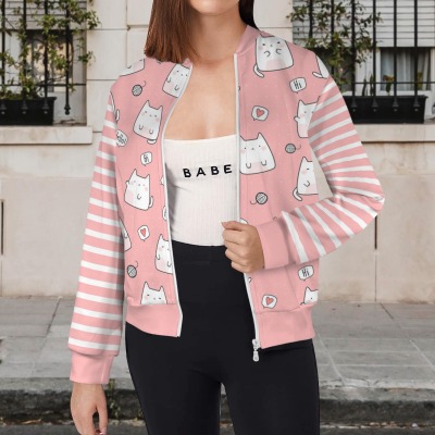 Women's Cartoon Cat Casual Long Sleeve Zip-Up Bomber Jacket Custom Personalized Women's Casual Long Sleeve Zip-Up Bomber Jacket