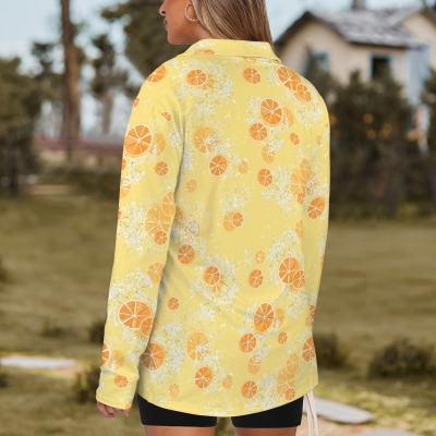 Women's Orange Print Lapel Half Zip Long Sleeve T-Shirt Custom Personalized Women's Lapel Half Zip Long Sleeve T-Shirt