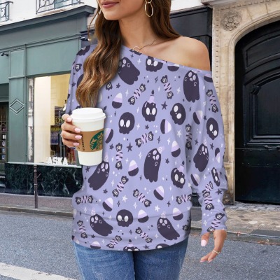 Women's Halloween Theme Casual Long Batwing Sleeve Off Shoulder Sweater Custom Personalized Women's Casual Long Batwing Sleeve Off Shoulder Sweater