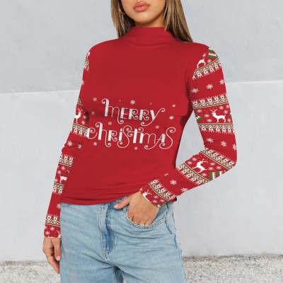 Women's Christmas Theme Turtleneck Slim Long Sleeve T-Shirt Custom Personalized Women's Turtleneck Slim Long Sleeve T-Shirt