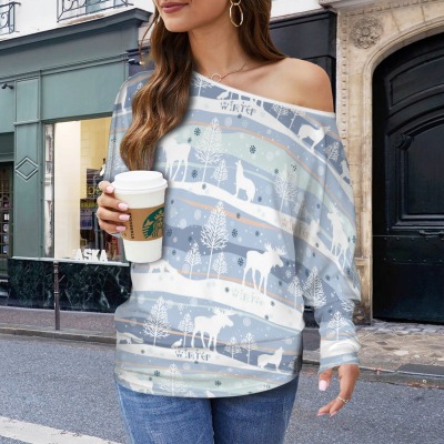 Women's Winter Theme Casual Long Batwing Sleeve Off Shoulder Sweater Custom Personalized Women's Casual Long Batwing Sleeve Off Shoulder Sweater