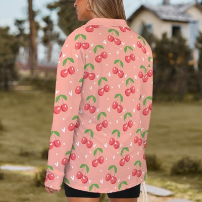 Women's Cherry Print Lapel Half Zip Long Sleeve T-Shirt Custom Personalized Women's Lapel Half Zip Long Sleeve T-Shirt