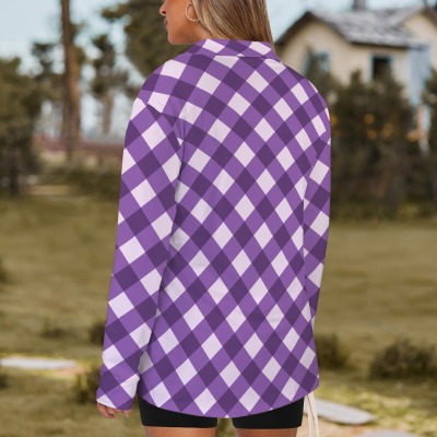 Women's Plaid Lapel Half Zip Long Sleeve T-Shirt Custom Personalized Women's Lapel Half Zip Long Sleeve T-Shirt