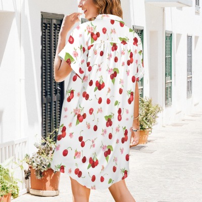 Women's Cherry Print Side Pocket Lapel Button Shirt Dress Custom Personalized Women's Side Pocket Lapel Button Shirt Dress
