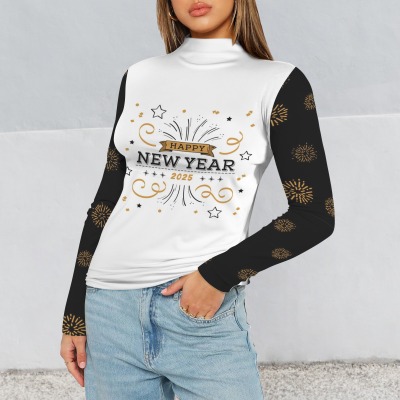 Women's New Year Turtleneck Slim Long Sleeve T-Shirt Custom Personalized Women's Turtleneck Slim Long Sleeve T-Shirt