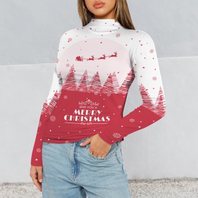 Women's Christmas Theme Turtleneck Slim Long Sleeve T-Shirt Custom Personalized Women's Turtleneck Slim Long Sleeve T-Shirt