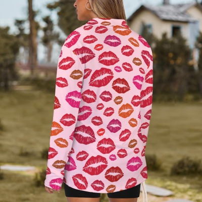 Women's Lip Print Lapel Half Zip Long Sleeve T-Shirt Custom Personalized Women's Lapel Half Zip Long Sleeve T-Shirt