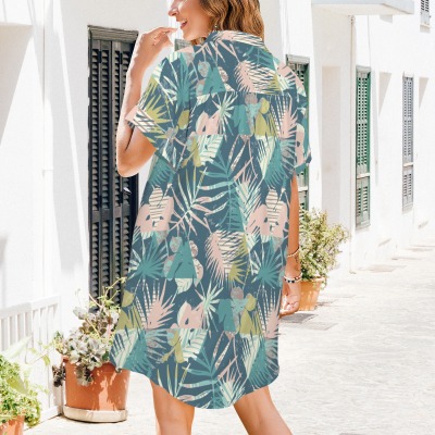 Women's Tropical Print Side Pocket Lapel Button Shirt Dress Custom Personalized Women's Side Pocket Lapel Button Shirt Dress